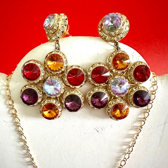 Colourful Rhinestone Pendant with chain and matching earrings - Picture 3 of 8